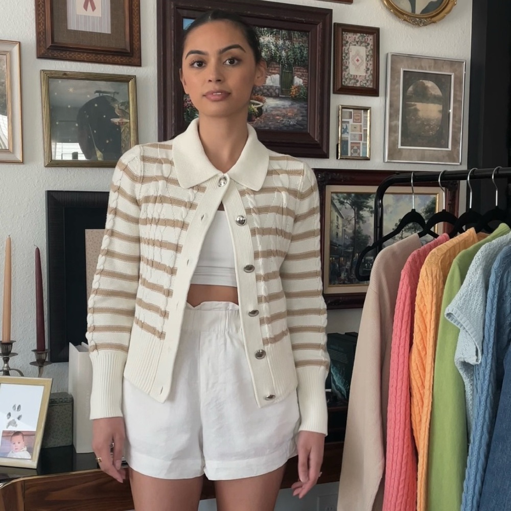 Talbots Striped Cardigan in Cream and Tan